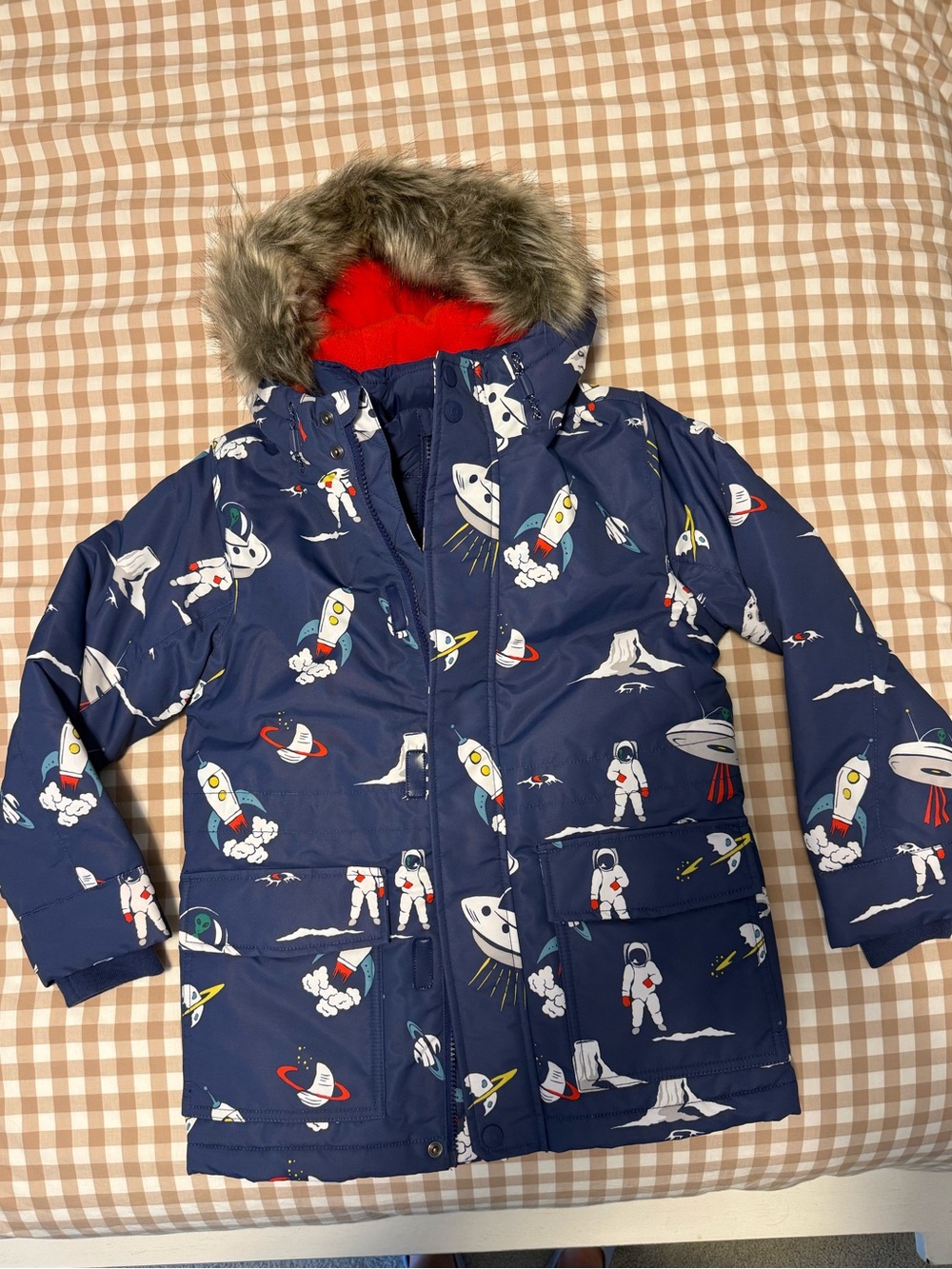 Boden Navy Space-Print Puffer Jacket with Faux Fur Hood